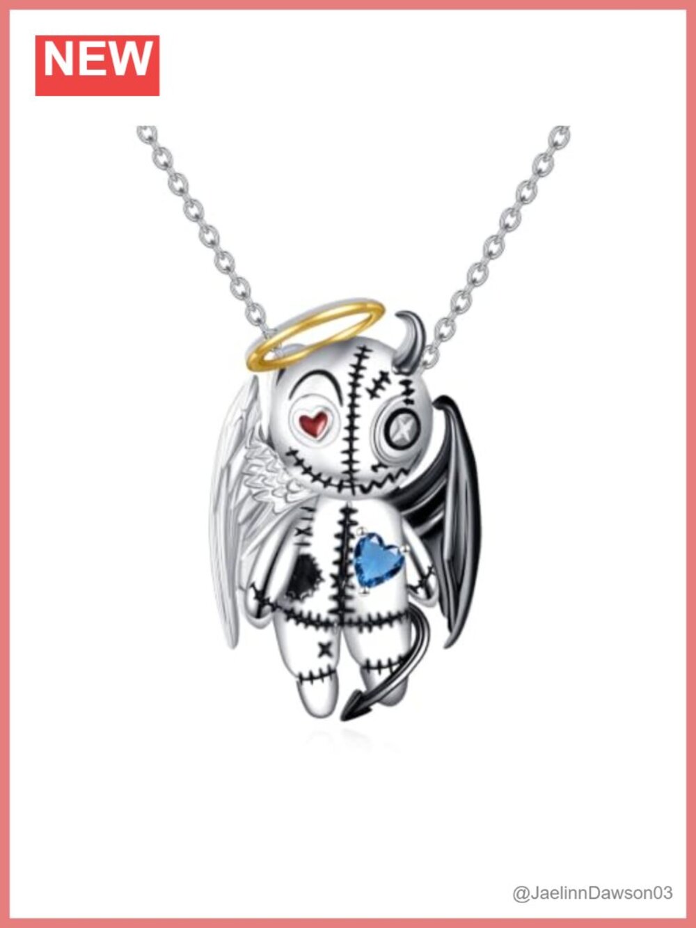 Gothic Voodoo Doll Pendant Necklace Heart Birthstone Brass Halloween Jewelry